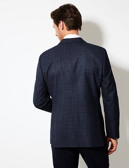 Navy Checked Tailored Fit Jacket