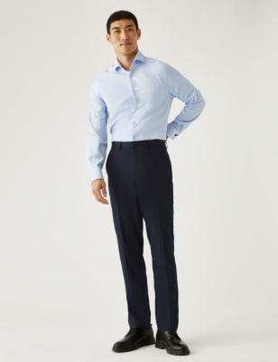 Marks And Spencer Mens M&S Collection Wool Blend Flat Front Trousers - Navy