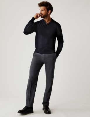 Marks And Spencer Mens M&S Collection Wool Blend Flat Front Trousers - Charcoal