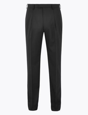 Mens M&S Collection Regular Fit Wool Blend Twin Pleat Trousers - Black, Black