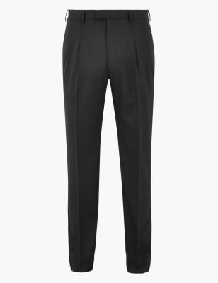 Mens M&S Collection Regular Fit Wool Blend Twin Pleat Trousers - Black, Black