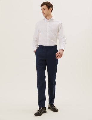 Mens M&S Collection Regular Fit Wool Blend Flat Front Trousers - Navy, Navy