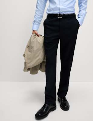 M&S Regular Fit Stretch Trousers - 34Lng - Navy, Navy