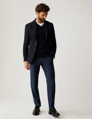 

Mens M&S Collection Auf Figur geschnittene, gebürstete Hose mit Stretchanteil und Karomuster - Blue, Blue