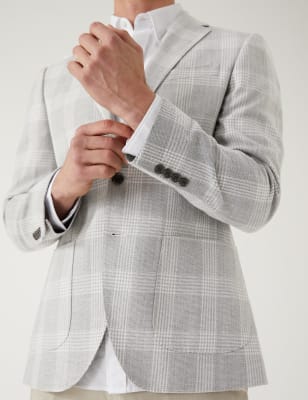 

Mens M&S Collection Textured Check Blazer with Stretch - Grey, Grey