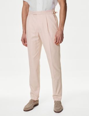 M&S Mens Pleat Front Tailored Trousers - 30REG - Soft Pink, Soft Pink,Navy,Silver