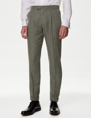 M&S Mens Linen Rich Single Pleat Elasticated Trousers - 32REG - Sage Green, Sage Green