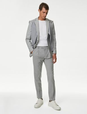 M&S Mens Single Pleat Active Waist Textured Trousers - 32SHT - Light Grey, Light Grey