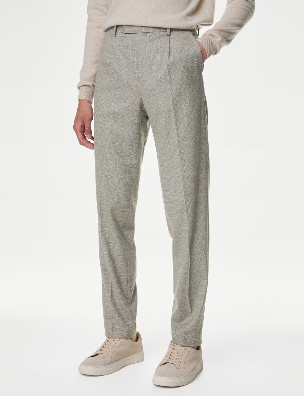 Tailored Fit Checked Single Pleat Trousers