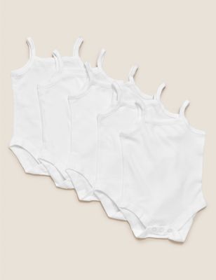 M&S 5pk Pure Cotton Strappy Bodysuits (61/2lbs-3 Yrs) - 9-12M - White, White