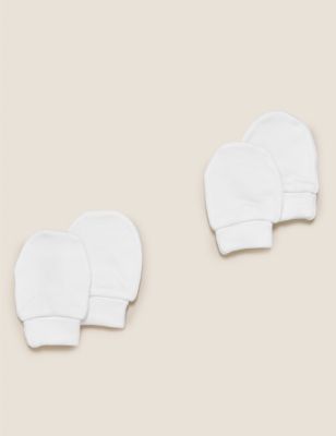 Unisex,Boys,Girls M&S Collection 2pk Pure Cotton Mittens (0-12 Mths) - White, White