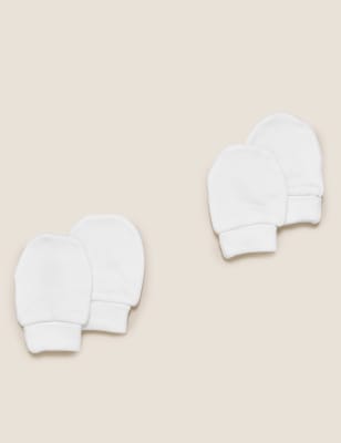 Unisex,Boys,Girls M&S Collection 2pk Pure Cotton Mittens (0-12 Mths) - White, White