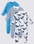3 Pack Organic Pure Cotton Whale Sleepsuits