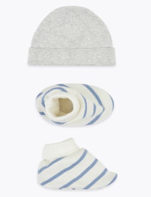 

Boys M&S Collection 2pc Pure Cotton Hat & Booties Set (0-12 Mths) - Grey/White, Grey/White