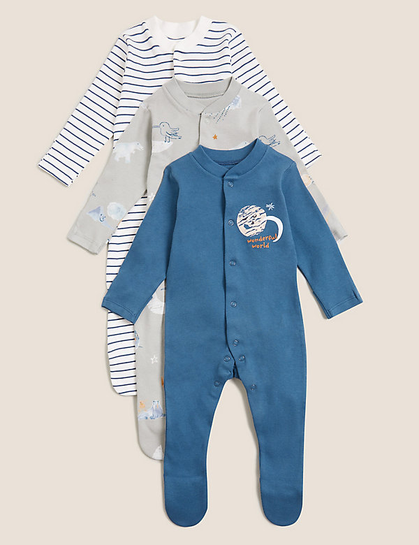 3pk Pure Cotton Printed Sleepsuits (0-3 Yrs) - BE