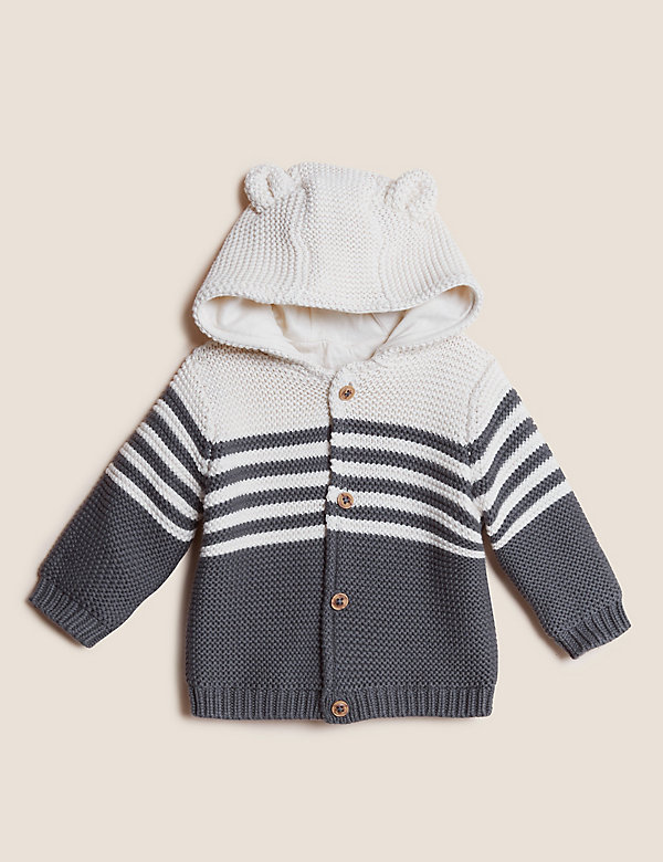 Pure Cotton Knitted Chunky Striped Cardigan (0-3 Yrs) - JP