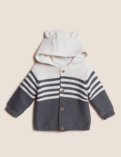 Pure Cotton Knitted Chunky Striped Cardigan (0-3 Yrs)