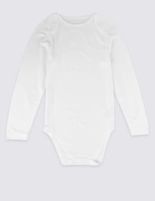 Marks And Spencer Unisex,Boys,Girls M&S Collection Flat Seams Pure Cotton Long Sleeve Bodysuit (3-16 Yrs) - White