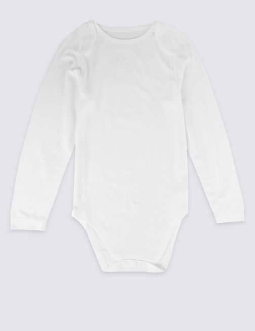 Marks And Spencer Unisex,Boys,Girls M&S Collection Flat Seams Pure Cotton Long Sleeve Bodysuit (3-16 Yrs) - White