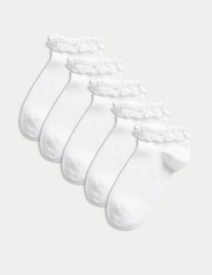 M&S Girls 5pk of Frill Trainer Liners - 8-12 - White, White