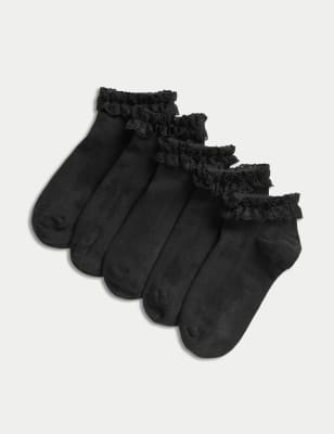 M&S Girl's 5pk of Frill Trainer Liners - 12+3+ - Black, Black