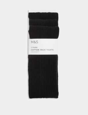 M&S Girl's 3pk of Cable Knit Tights (2-16 Yrs) - 15-16 - Black, Black