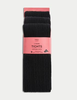 M&S Girls 3pk of Cable Knit Tights (2-16 Yrs) - 15-16 - Black, Black