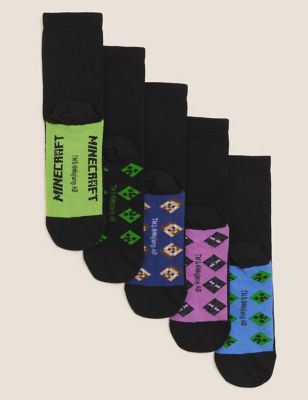 

Unisex,Boys,Girls M&S Collection 5pk Cotton Rich Minecraft™ School Socks - Black, Black