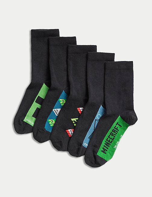 Marks And Spencer Boys M&S Collection 5pk Minecraft School Socks - Grey Mix, Grey Mix