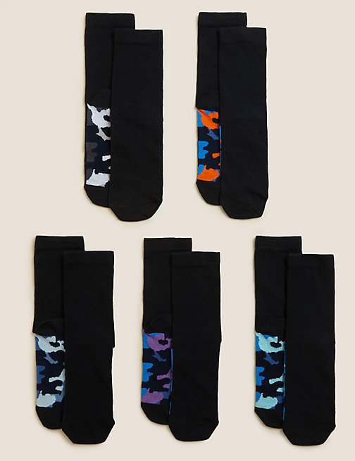 Marks And Spencer Boys M&S Collection 5pk Cotton Rich Camouflage Socks - Black, Black