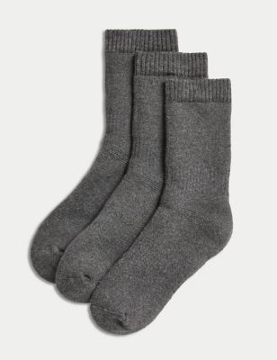 M&S 3pk Cotton Blend Thermal Socks (7-10 Yrs) - 12+3+ - Grey, Grey