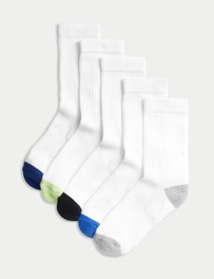 M&S 5pk Cotton Rich Sports Socks - 4-7 - White, White,Black