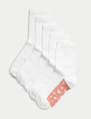 M&S Girls 5pk Cotton Rich Heart School Socks (2-14 Yrs) - 12+3+ - White, White