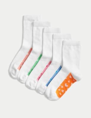 

M&S Collection Pack de 5 pares de calcetines escolares de algodón con diseño de corazones (2-14 años) - White Mix, White Mix