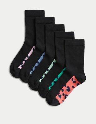M&S Girls 5pk Cotton Rich Animal Print School Socks - 12+3+ - Black Mix, Black Mix