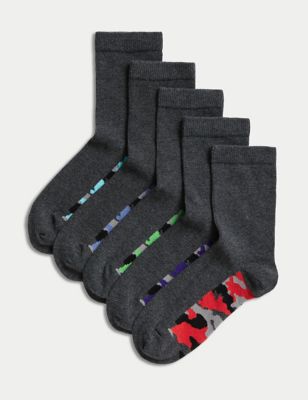 M&S 5pk Cotton Rich Camouflage Sole School Socks - 8-12 - Grey, Grey