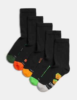 M&S 5pk Cotton Rich Minecraft School Socks - 6-8+ - Black, Black