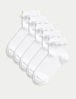 M&S Girls 5pk Cotton Blend Frill Socks (6 Small - 7 Large) - 8-12 - White, White,Grey Mix,Black Mix