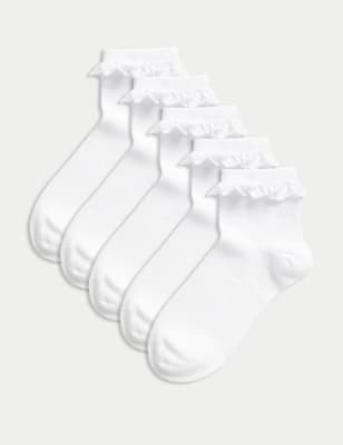 M&S Girl's 5pk Cotton Blend Frill Socks (6 Small - 7 Large) - 8-12 - White, White,Grey Mix,Black Mix