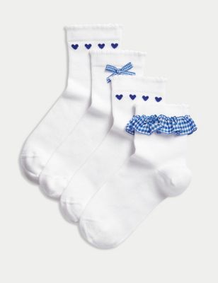 M&S Girl's 4pk Cotton Rich School Socks (6 Small - 7 Large) - 8-12 - Blue Mix, Blue Mix