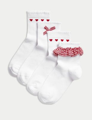 M&S Girl's 4pk Cotton Rich School Socks (6 Small to 7 Large) - 12+3+ - Red Mix, Red Mix