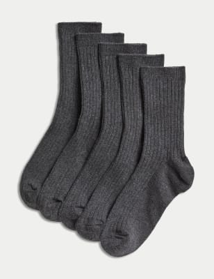 M&S Boy's 5pk of Ribbed School Socks - 6-8+ - Grey, Grey,Black