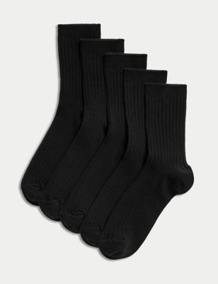 M&S Boys 5pk of Ribbed School Socks - 7+10+ - Black, Black,Grey