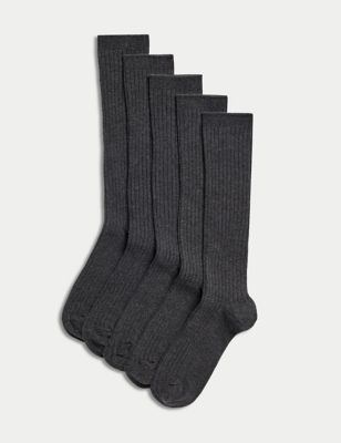 M&S Boys 5pk of Long Ribbed School Socks - 7+10+ - Grey, Grey