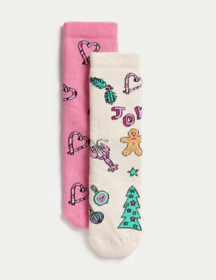 

Girls M&S Collection 2pk Cotton Rich Christmas Slipper Socks - Multi, Multi