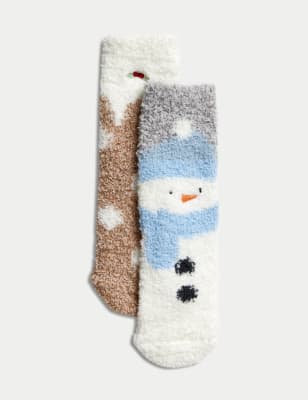 

Girls M&S Collection 2pk Cosy Snowman Slipper Socks - Multi, Multi