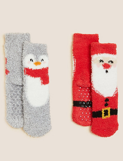 2pk Christmas Santa and Penguin Cosy Socks