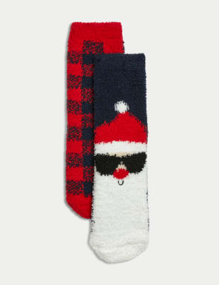 

Boys M&S Collection 2pk Santa Snowman & Checked Slipper Socks - Multi, Multi