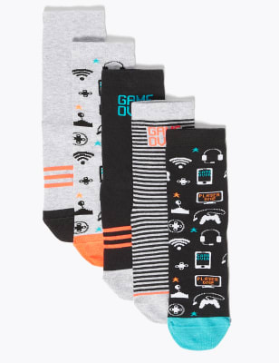 

Unisex,Boys,Girls M&S Collection 5 Pack Cotton Rich Gamer Socks - Black Mix, Black Mix
