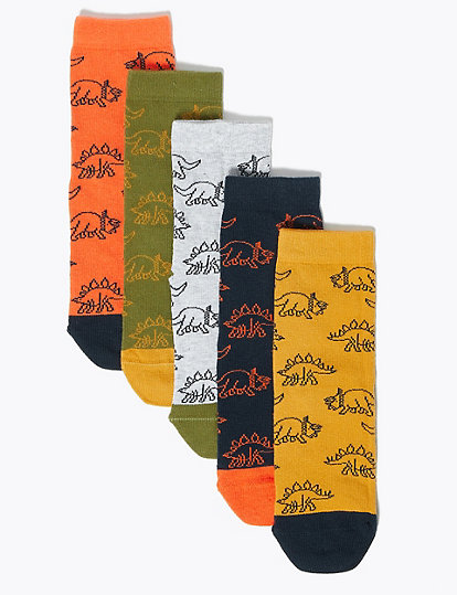 5 Pack Cotton Rich Dinosaur Print Socks